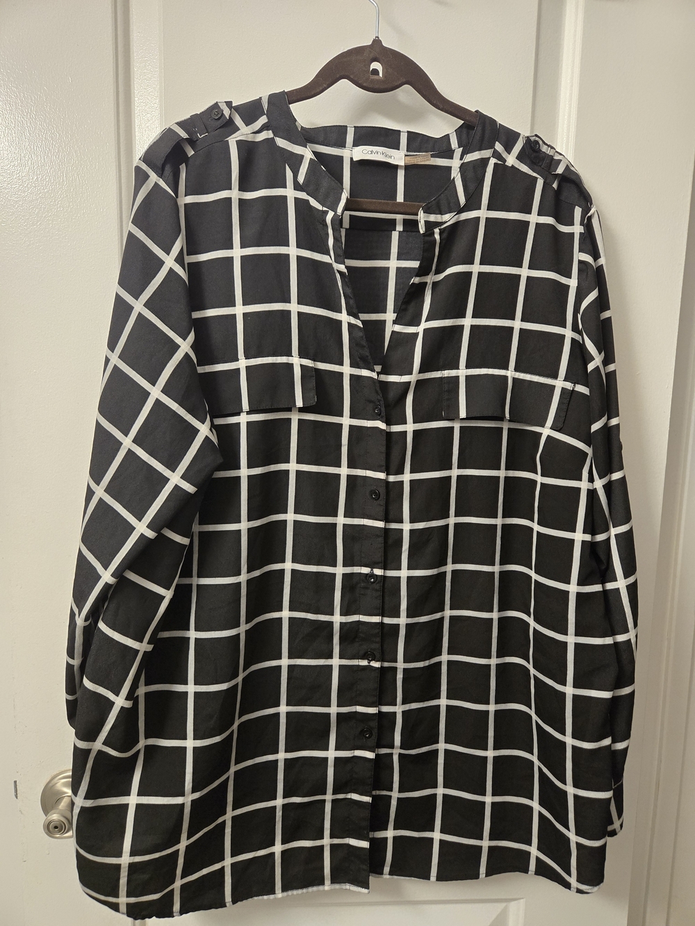 Calvin Klein Plus Size Black and White Windowpane Button-Up Blouse 2X